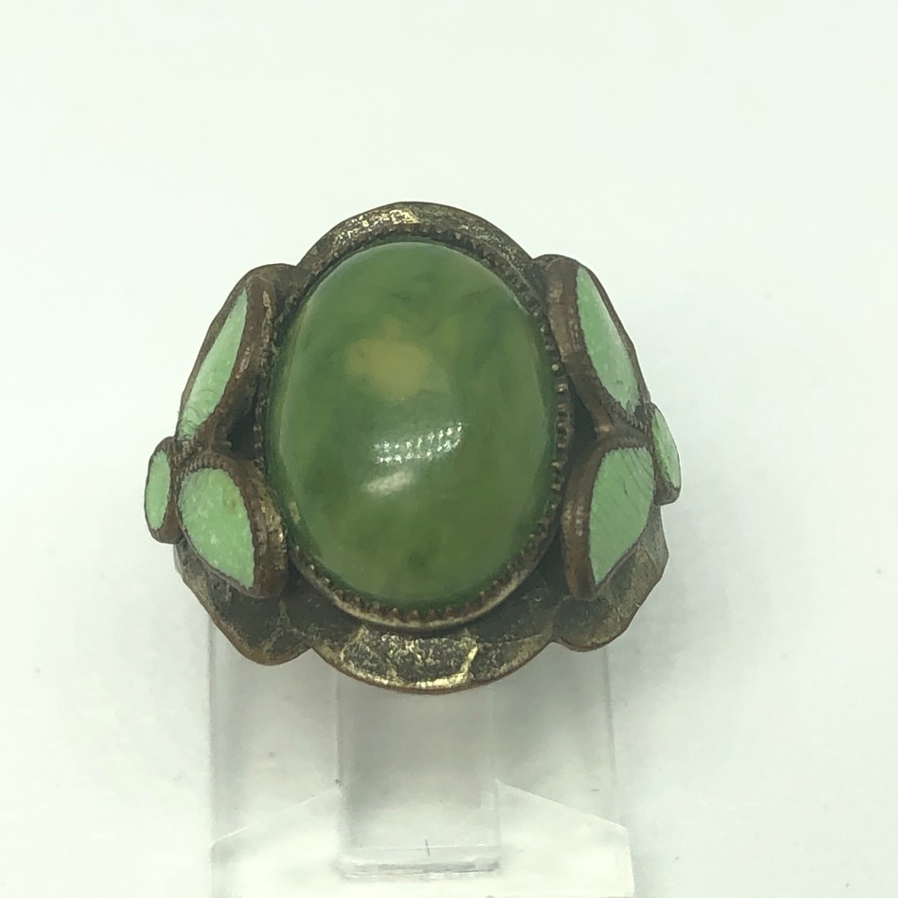 Victorian Hammered Brass Cabochon & Enameled Ring